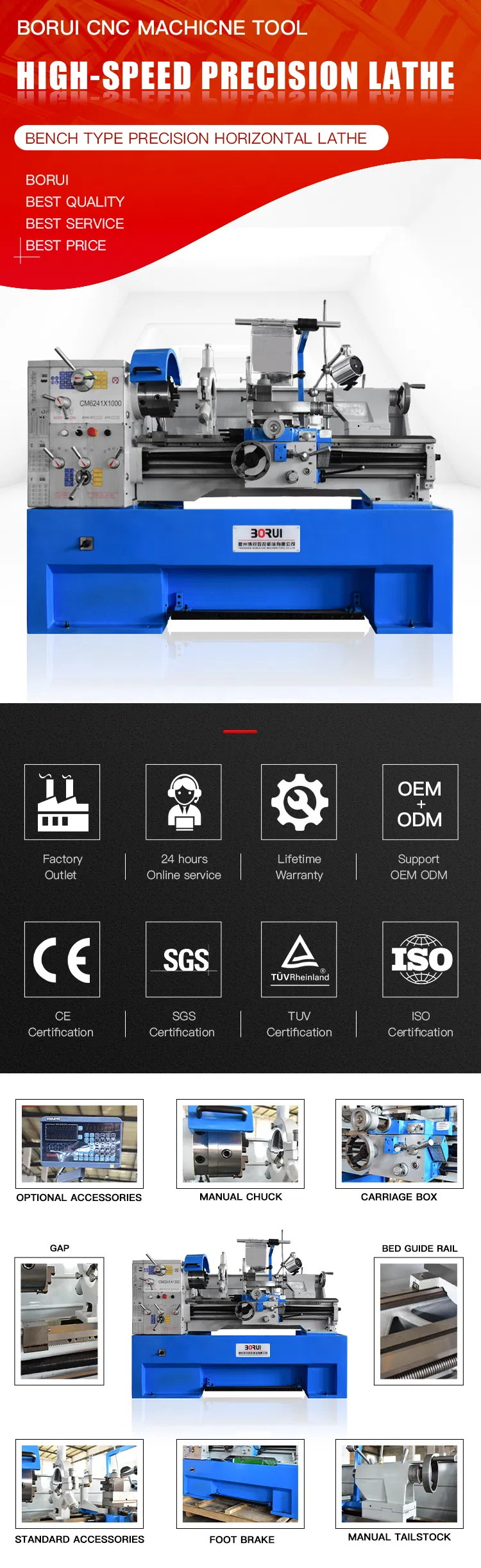 CD6241 High Speed Manual Precision Gear Box 2.2kw Lathe Machine